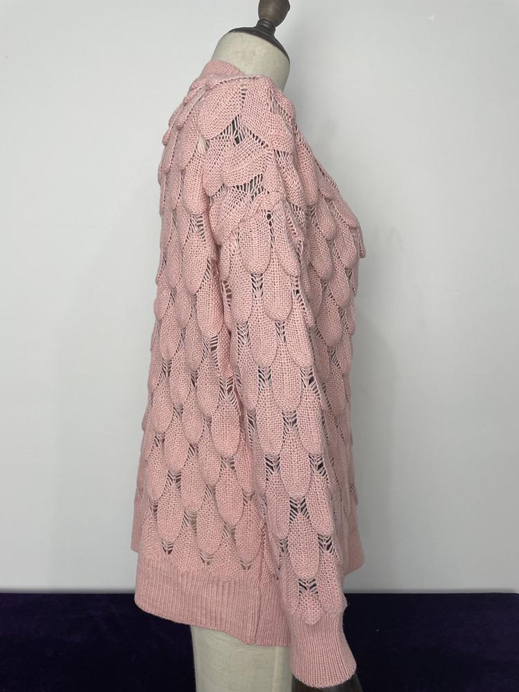 European & American Winter V-neck Hollow Feather Knit Sweater for Women
