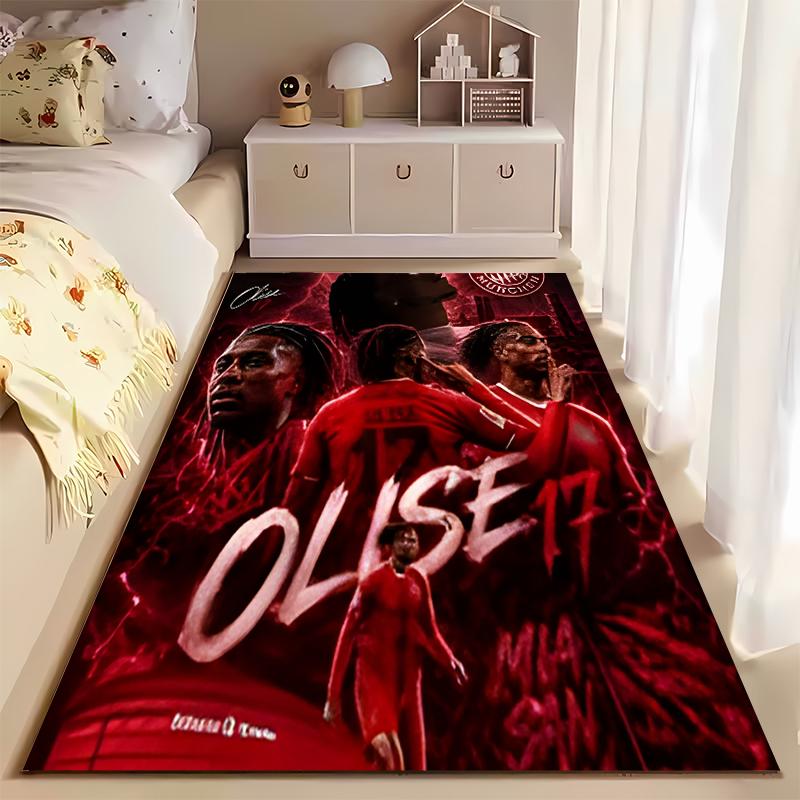 Soccer Star Area Rug, Michael Olise Bayern 17 Red Celebration Collage Signature Print, Football Fan Decor, Non-Slip Mat