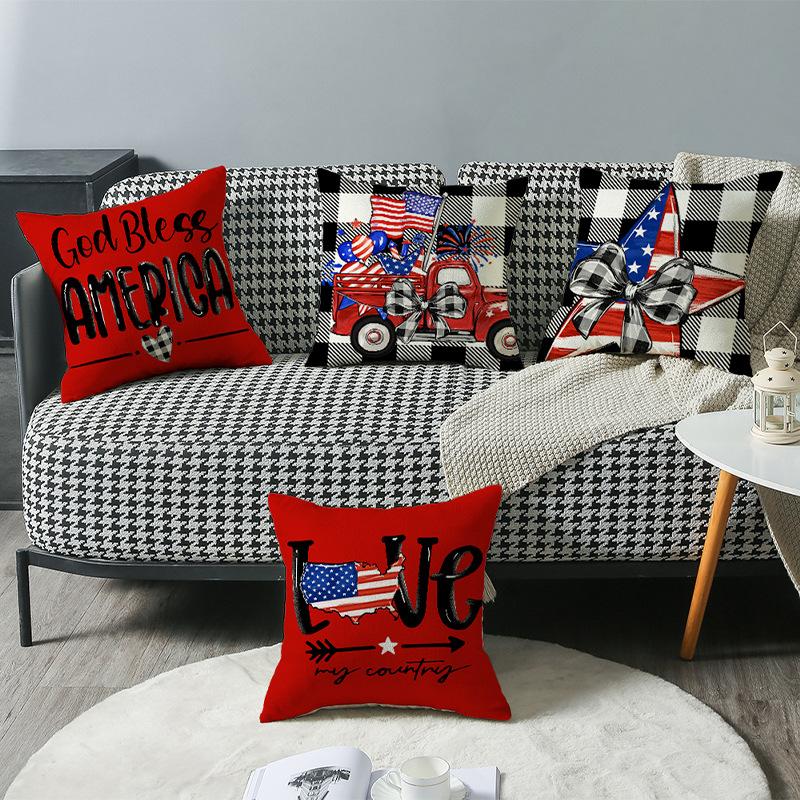 New Independence Day Flag Four-piece Set Five-Pointed Star Car Letter Print Plaid Bedroom Sofa Cushion Cover