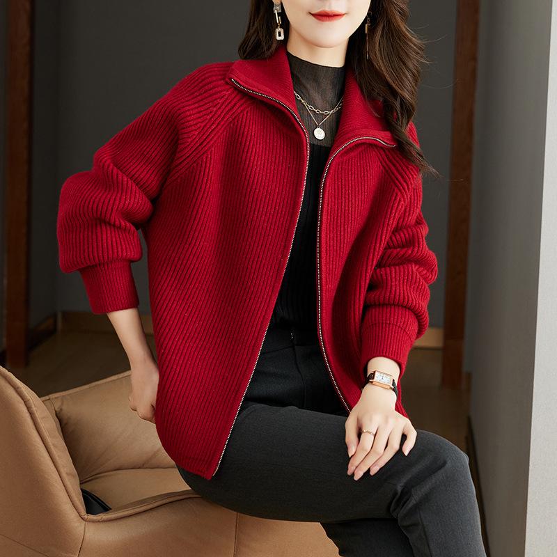 Spring Autumn Middle Aged Mother Zipper Women Knitted Cardigan Sweater Jacket Temperament Versatilet Leisure Ladies Top