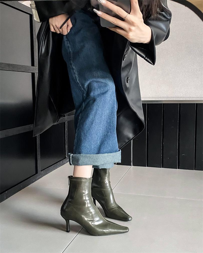 

2025 осень новые остроносые тонкий каблук европейская и американская мода высокий каблук короткие ботинки 40 зелёный