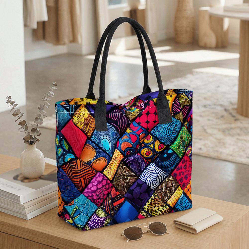 Colorful Geometric Tote Bag Large Capacity Fashion Canvas Shoulder Handbag for Daily Shopping Travel Use