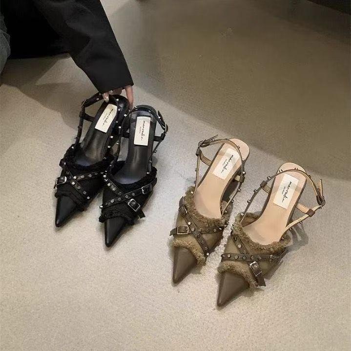 High heels, black temperament bag head sandals, French popular thick heel slippers, design sense single shoes 2025 spring and summer new models