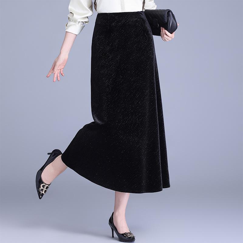 Black High-Waisted A-line Velvet Skirt - Elegant Mid-Length Design for Spring & Autumn XL чёрный