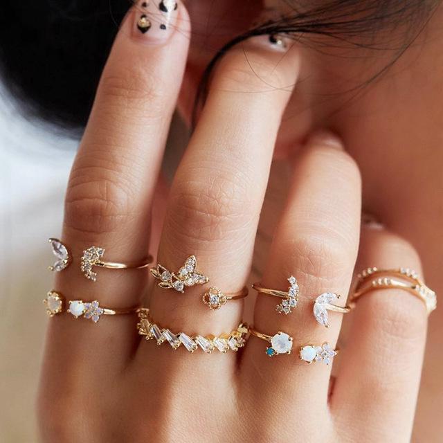 Bohemian 5-Piece Star, Moon, Butterfly Rings Set with Full Diamond Inlays - European & American Style