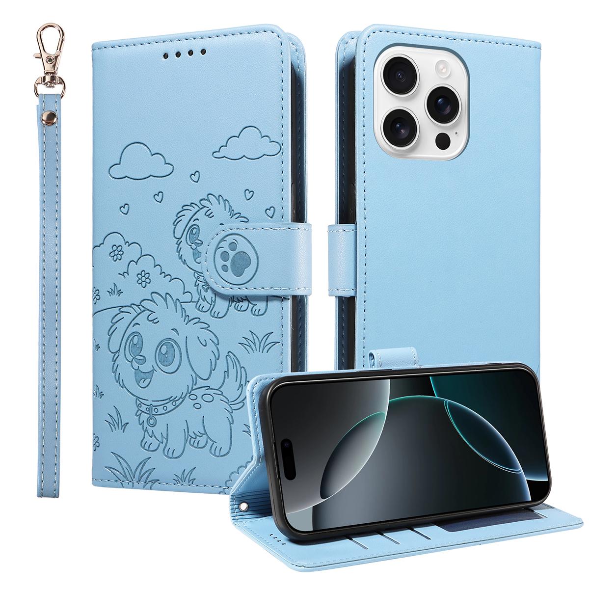 

For iPhone 16 Pro Max Case RFID Blocking Imprinted Dog Pattern PU Leather Phone Cover with Wrist Strap Blue