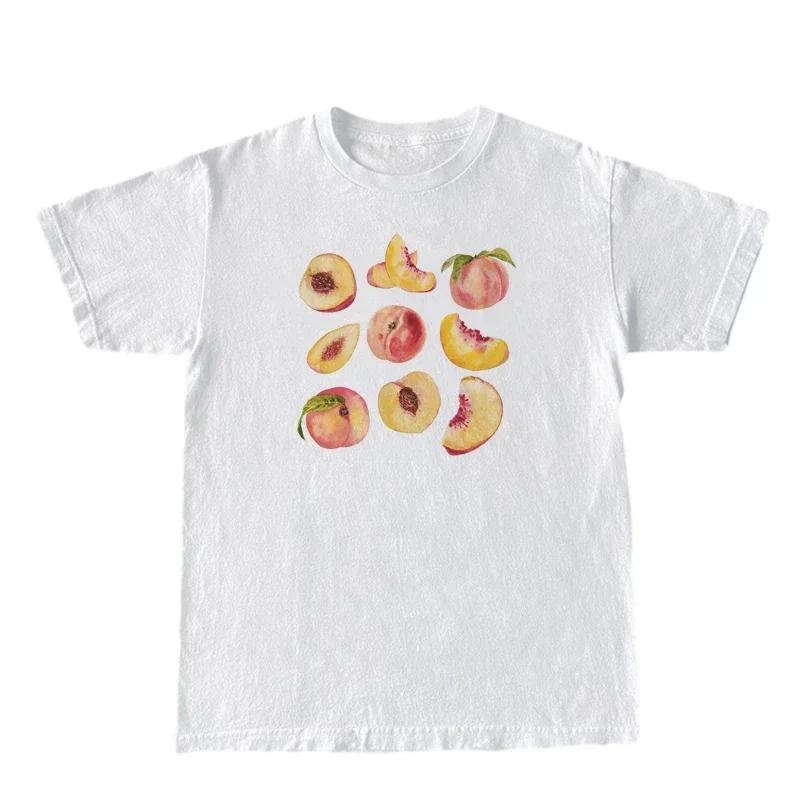 

Vintage Peaches Printed Graphic Tees Cute Cottagecore Aesthetic TShirts Women Short Sleeve Female Retro Grunge Tops Clothes S