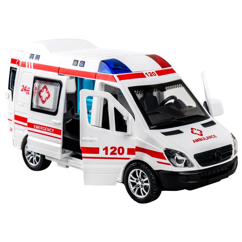 1:32 Hospital Rescue Ambulance Police Diecast Car Model with Pull Back Sound Light Toys Gifts BoysToy Car Gift for Kids