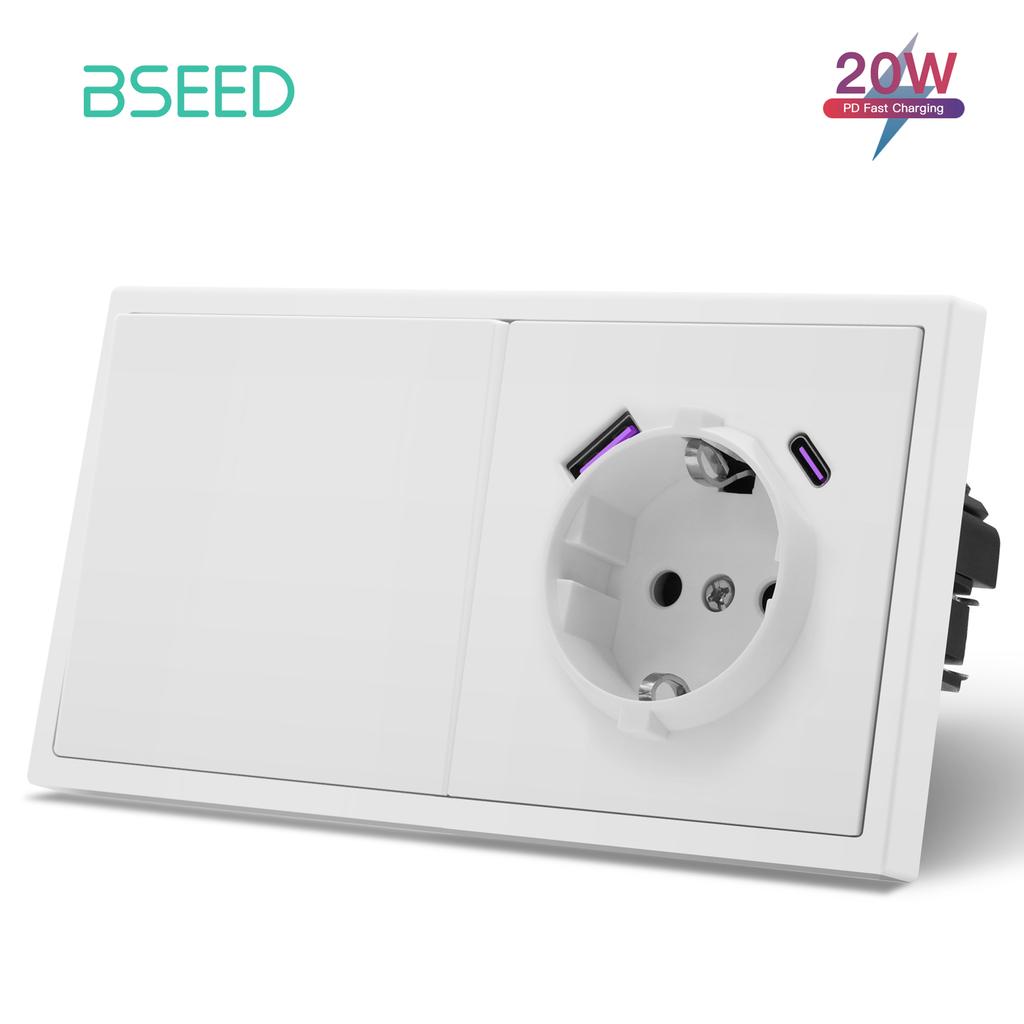 BSEED EU Large Button Wall Switches 1/2Gang 1Way Wall Power Sockets Dual USB Phone Charge Port 5V White Home E-Series