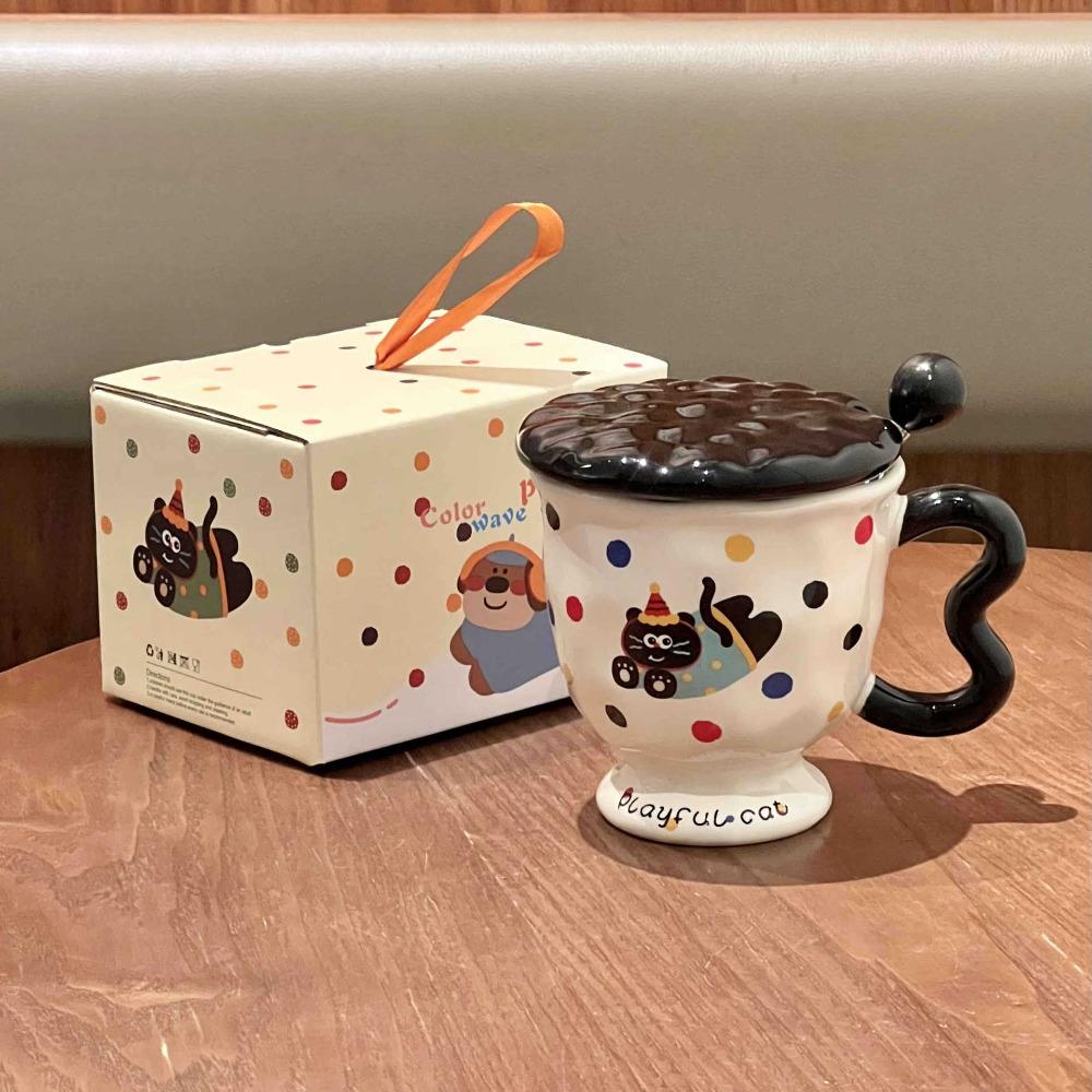 High-value Milk Cute Polka Dot Kitten Mug with Lid Girls Ceramic Cup Birthday Gift Souvenir
