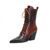 Fashion Women's new lace up pointed autumn and winter snake patterned high heels, thick heels, plus size western short boots