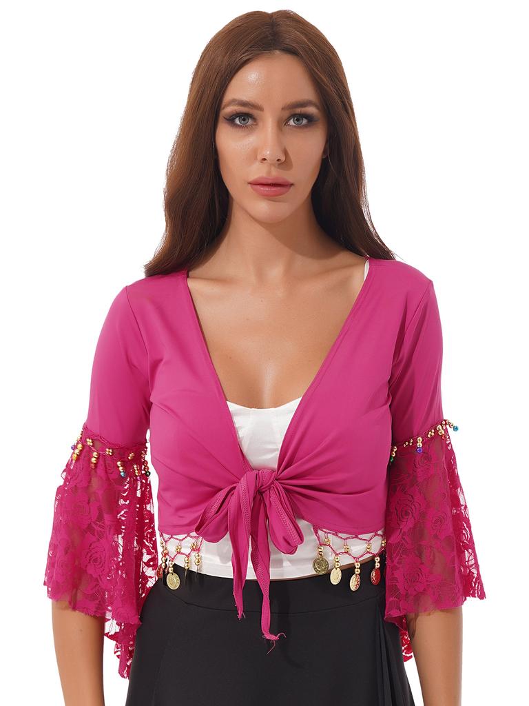 Womens Belly Dance Crop Top Lace Patchwork 3/4 Flared Sleeves Bell Bead Tassel Lace Up Detail Shawl Cardigan