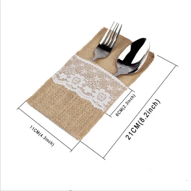 5 Pcs Burlap Lace Cutlery Pouch Wedding Tableware Party Decoration Holder Bag Hessian Rustic Jute 11cm X 21cm