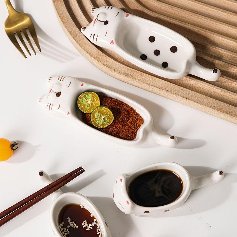2pcs Ceramic Cat Dish Multi-Functional Sauce Plate & Chopstick Rest