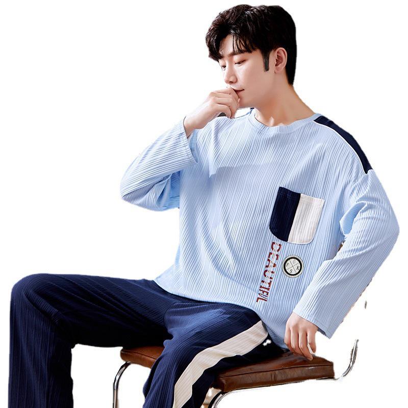 Pánský bavlněný pyžamový set plus size - Podzim/Zima S dlouhým rukávem a kalhotami Domácí oblečení