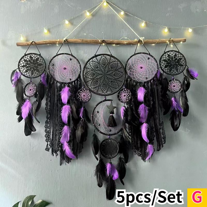 5pcs Boho Handmade Dreamcatcher Set Vintage Home Wall Artificial Imitation Feather Decorative Wall Hanging Bedroom Decorations