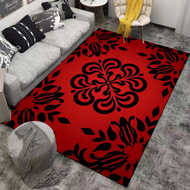 Red and Black Floral Pattern Carpet, Modern Decorative Room Rug Suitable for use as an anti-slip for living room bedroom sofas