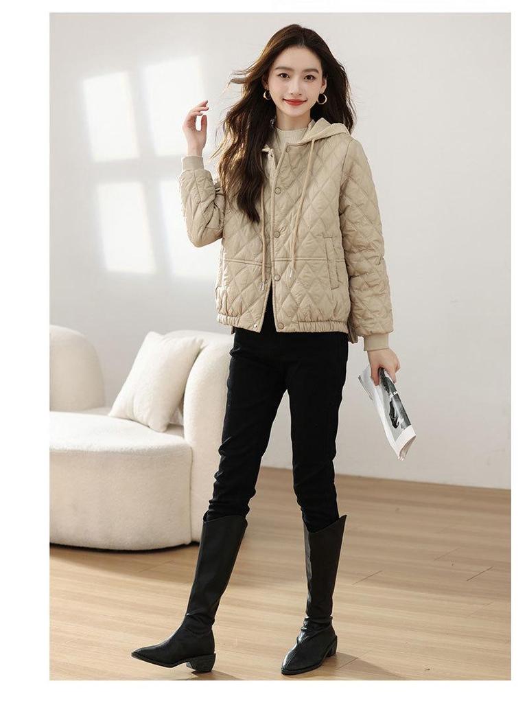 Jachetă de iarnă stil coreean argyle - Casual, ușoară, cu glugă și care subțiază.