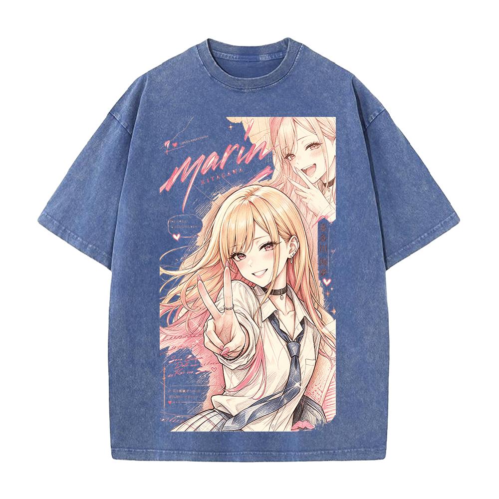 Anime My Dress Up Darling Kitagawa Marin Printed Tee Men Women Short Sleeve Cotton Tshirts Washed Clothing Vintage Streetwear