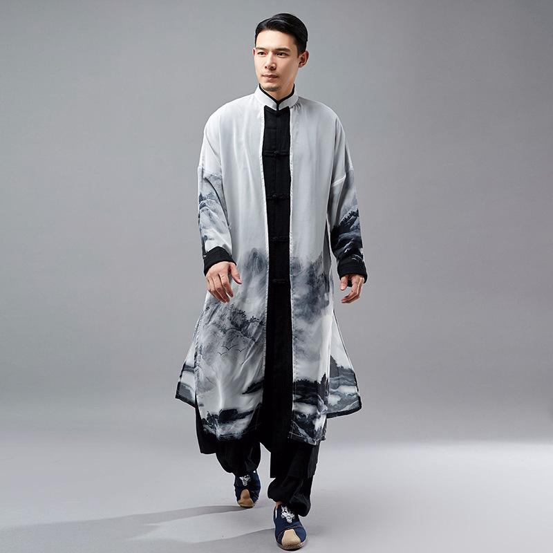 Men's Chinese Style Cotton Linen Long Spring Shirt - National Performance Stage Robe