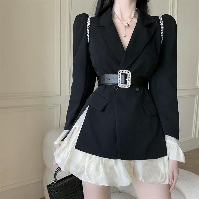 Womens Diamond-embellished Suit Set Fitted Blazer High-waist Mini Skirt Two-piece