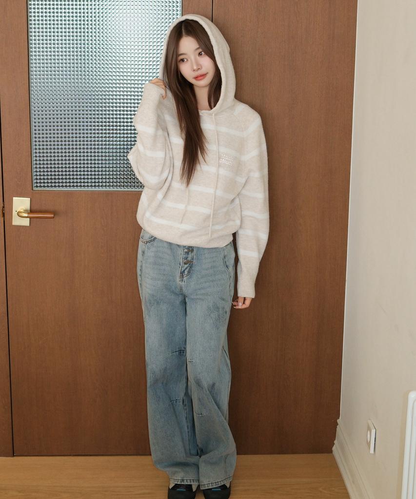 MUAHMUAH Striped Wool Brushed Hoodie Knit [Oatmeal]