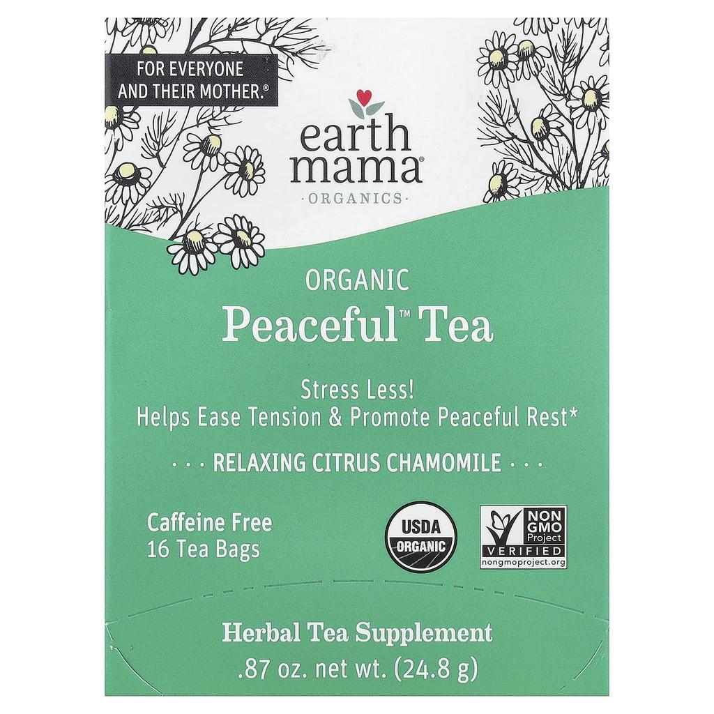 Earth Mama, Organics, Organic Peaceful™ Tea, Relaxing Citrus Chamomile, Caffeine Free, 16 Tea Bags, 0.87 Oz (24.8 G)