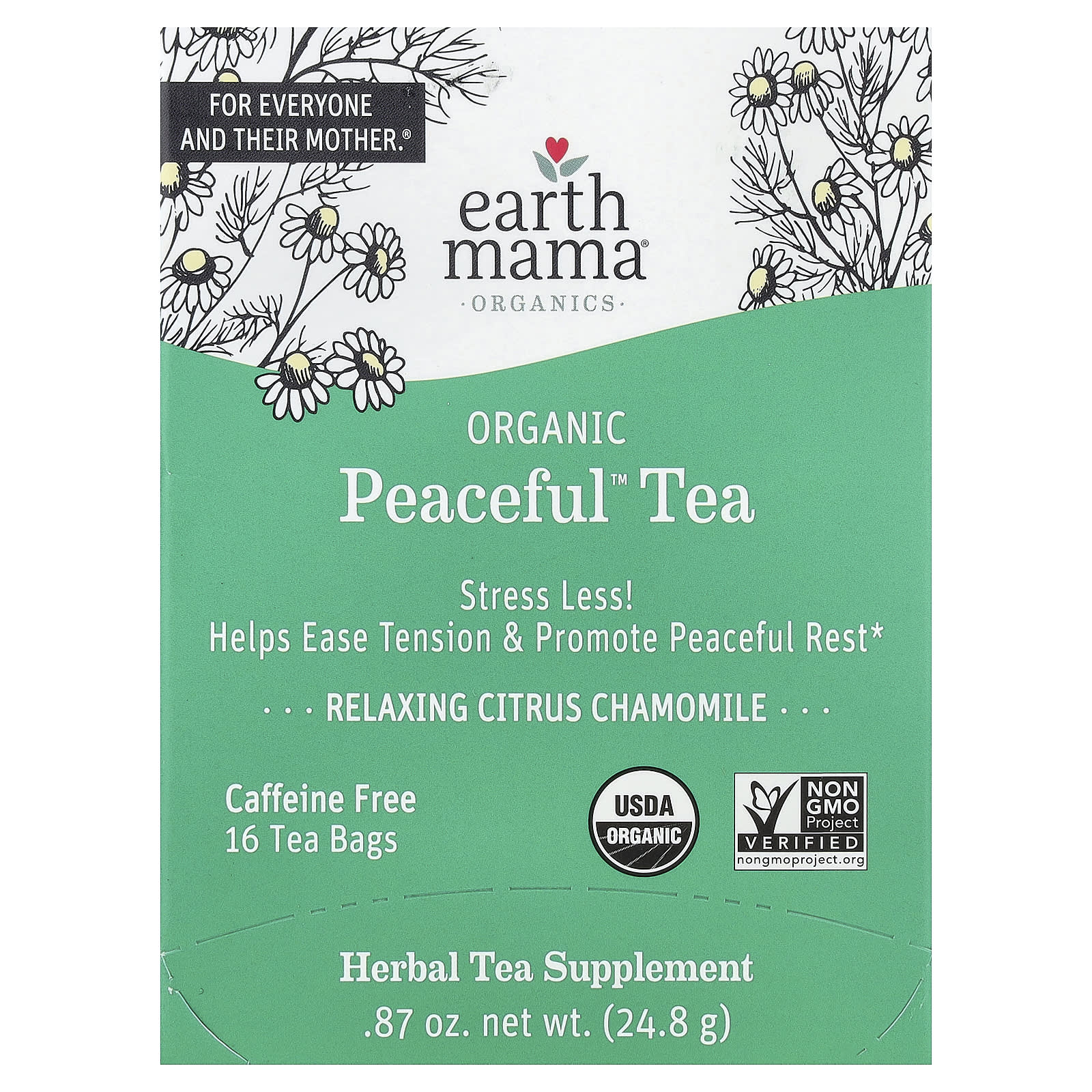 Earth Mama, Organics, Органический чай Peaceful™, Расслабляющий цитрусово-ромашковый, Без кофеина, 16 чайных пакетиков, 0,87 унц. (24.8 г)