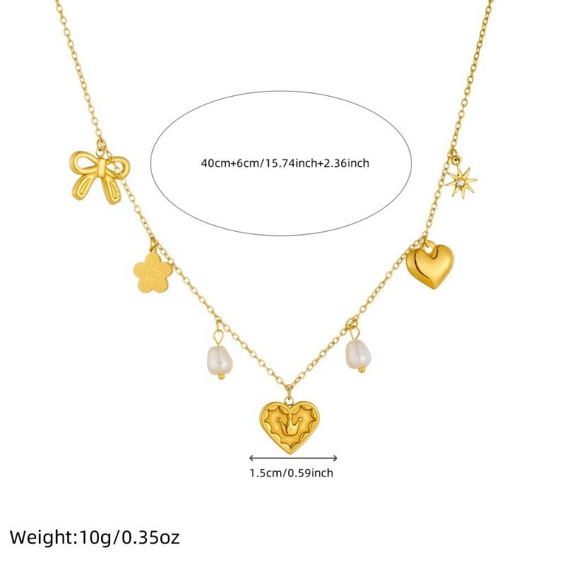 Gold Plated Multi Charm Heart Pendant Necklace, Stainless Steel Freshwater Pearl Choker, Waterproof Dainty Jewelry for Women Gift