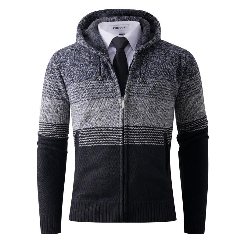Men'S Loose Slim-Fit Striped Sweater Blue Fashion Trend Hooded Knitted Jacket Top