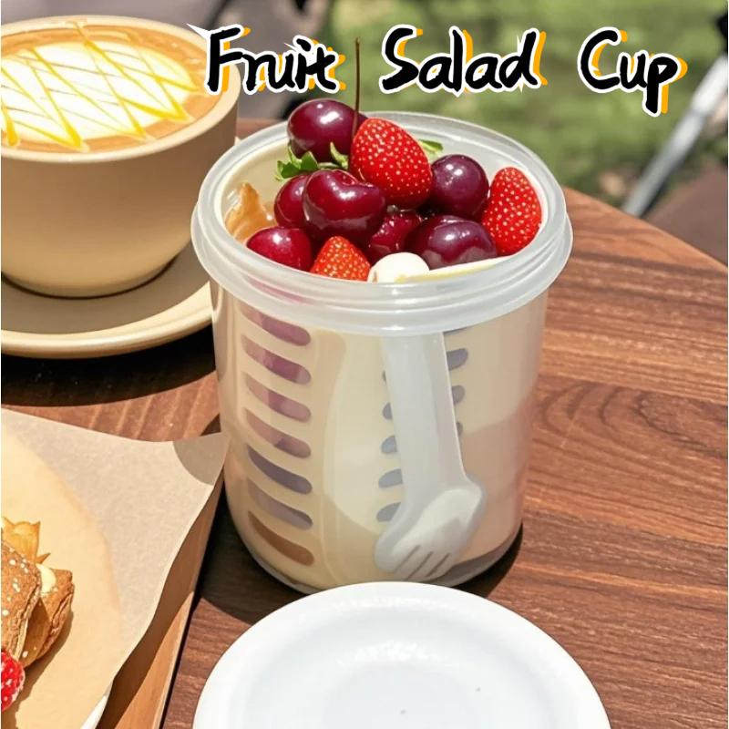 Outdoor Anti Drop Fruit Cup, Portable Double-Layer With Drain And Fork, Breakfast Salad Cup, Outdoor Picnic Fruit Cup, Oat Cup