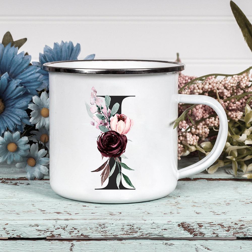 Alphabet Blumen A-Z Vintage Emaille Kaffee Tee Tassen Urlaub Camping Getränke Saft Bier Tassen Zuhause Büro Milch Tasse Geburtstagsgeschenke