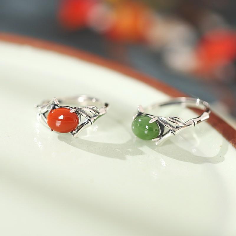 Adjustable Open Ring Women Men Vintage Bamboo Leaf Design Red Agate Jade Copper Statement