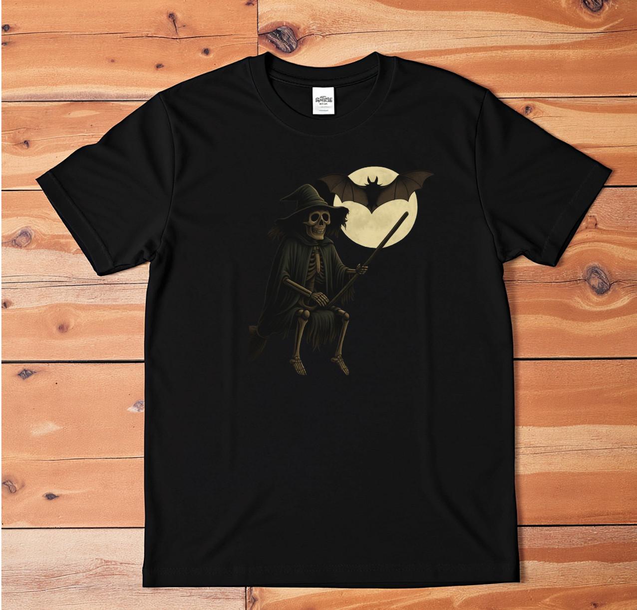 Skeleton Witch T-Shirt | Gothic Halloween Graphic Tee with Broom, Bat & Moon S разноцветный