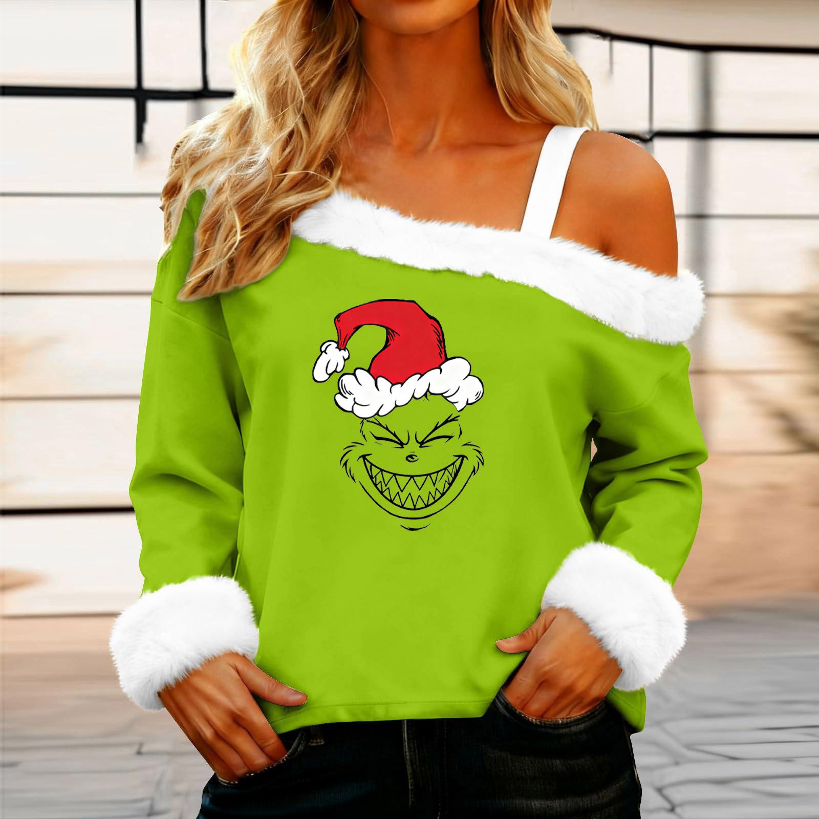 

Women s Casual Fashion Sexy Off-Shoulder Collar Christmas Pattern Long Sleeve Crewneck T-Shirt Top XL