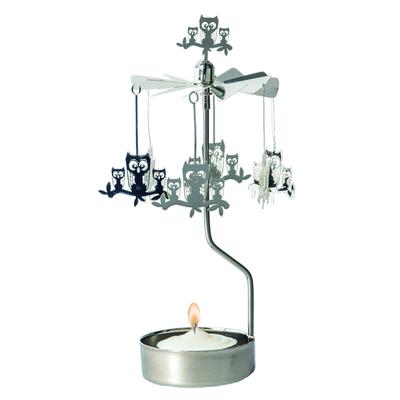 [R0558] - Silver 'Famille Hiboux' Metal Carousel Candle Holder - 16x6. 5cm