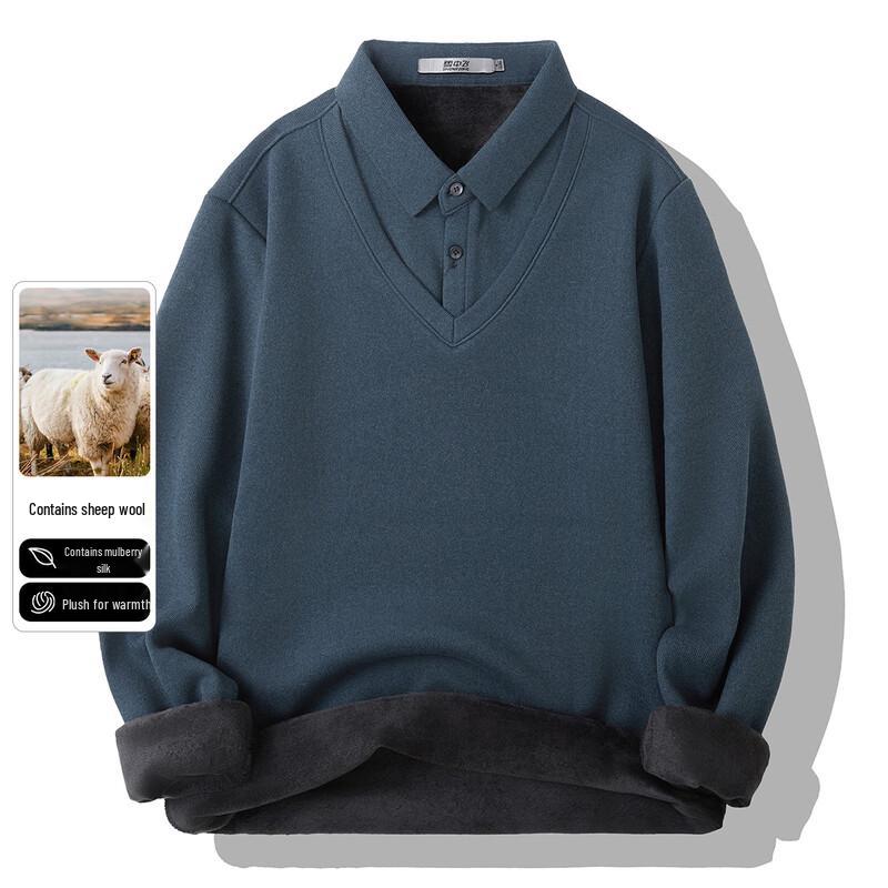 SNOWFLYING Men s Faux Two-Piece Fleece-Lined Wool Blend Pullover Sweater XL