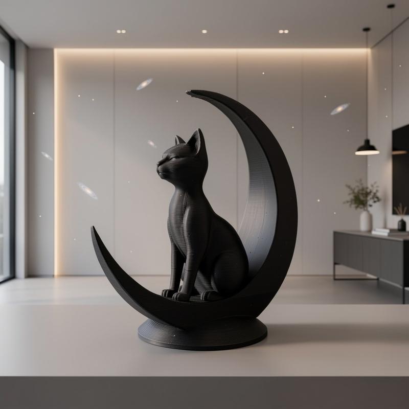 1‑Pack 3D‑Printed Minimalist Cat‑on‑Moon Figurine, Creative Desktop & Garden Ornament, Modern Home Decor, Birthday and Holiday G