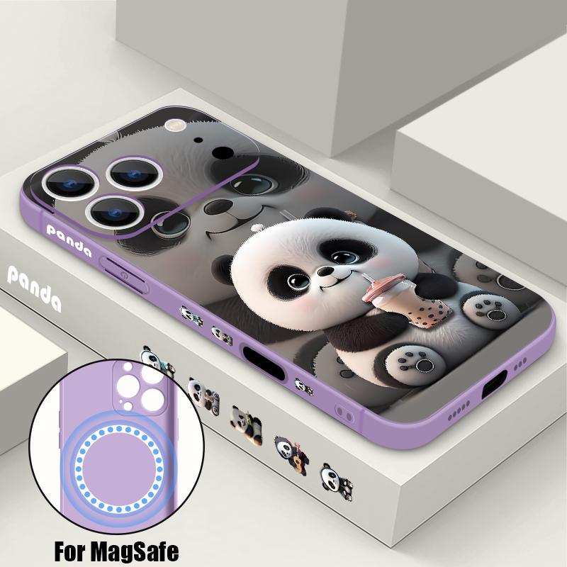 For iPhone 17 Pro Max Case Milk tea-drinking Panda Magnetic For Magsafe Silicone Cover For iPhone 16 Pro Max Funda iPhone 15 14 13 12 11 16E Air