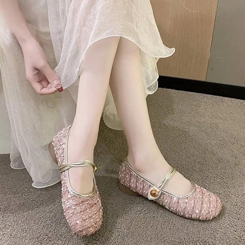 Fashion Shoes for Women Round Toe Black Net Cloth Sequins Cheap Clearance High Quality Fashion Summer 2025 Vacation Shallow Woman Flats
