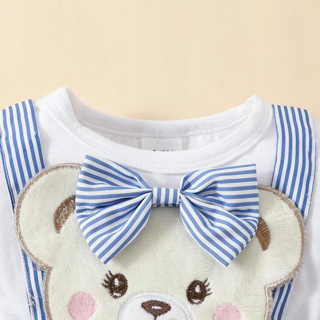 Baby Girls Summer Romper Dress 3 6 9 12 18 Months Short Sleeve Crewneck Bear Embroidery Romper with Headband