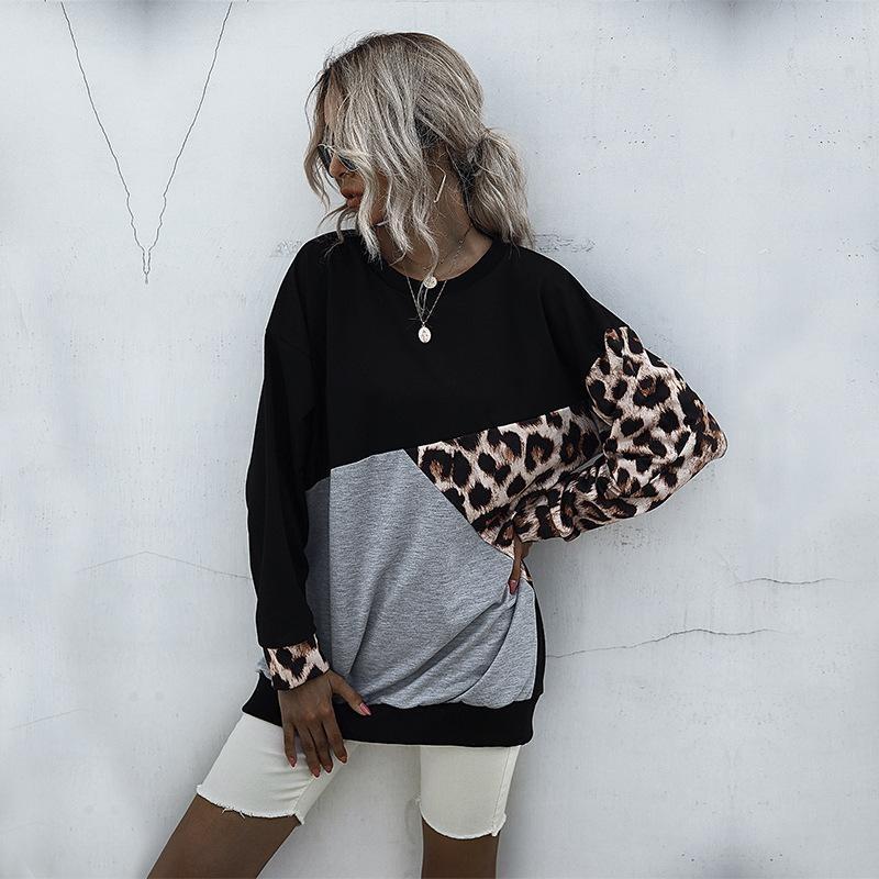 Leopard Striped Print Autumn Long Sleeves Women's T-shirts Fashion Casual Tops Daily Loose Crew Neck Women Clothing