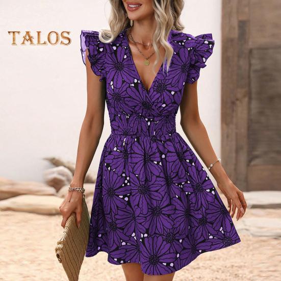 Women Summer Dress V Neck Flower Print High Tight Waist A-line Flying  Sleeves Ruffle Pleated Dating Party Vacation Beach Mini Dress – buy the  best products in the Ayzeze online store
