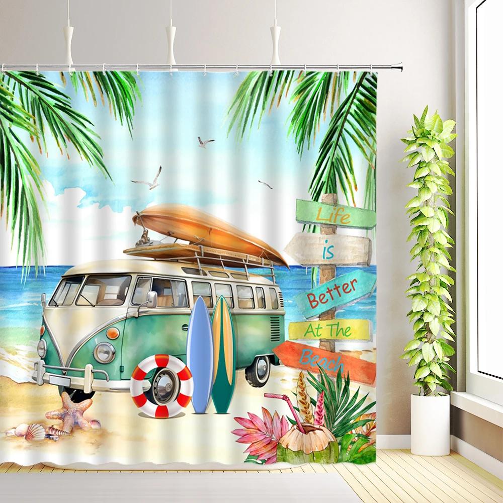 Beach Surf Camper RV Shower Curtain Tropical Palm Tree Travel Camping Car Summer Ocean Surfboard Bathroom Decoration with Hooks