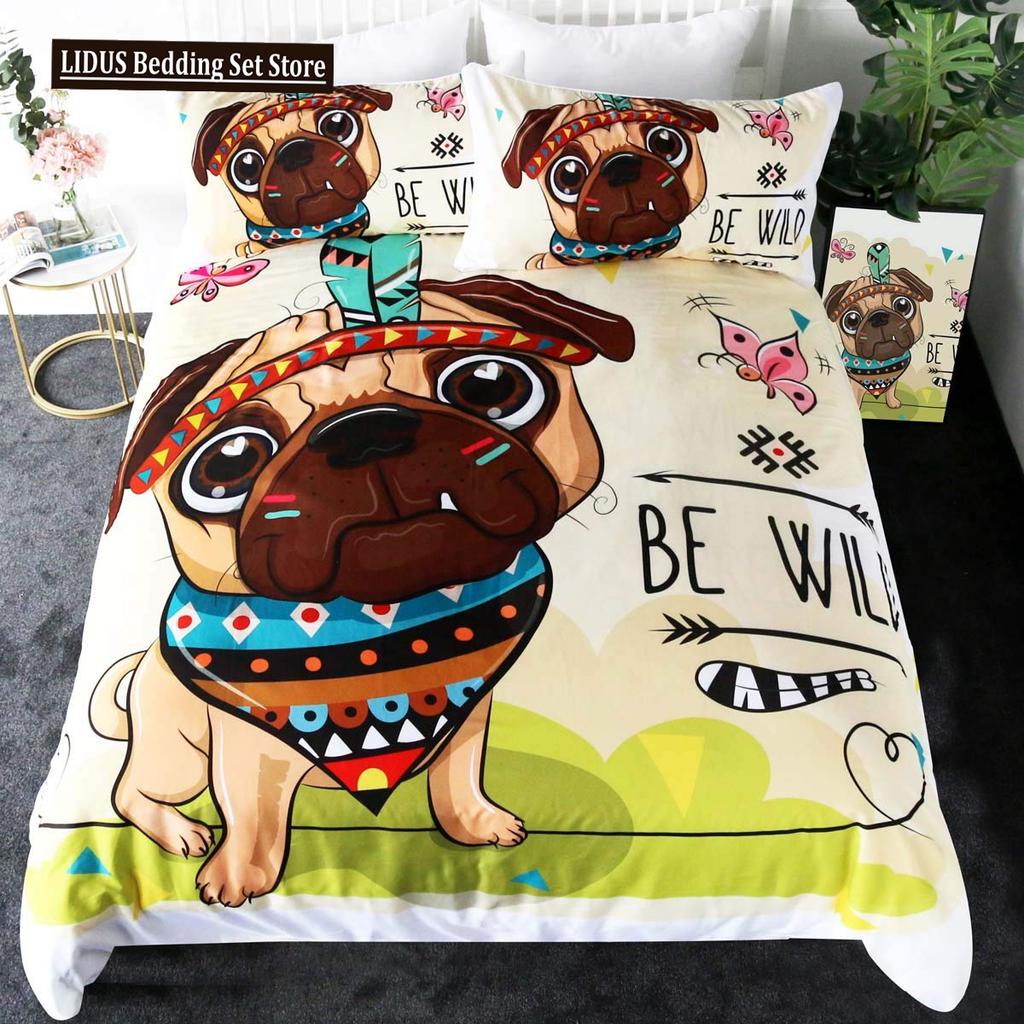 Set Biancheria da Letto con Stampa di Cani Carini Set Copripiumino Animale Cucciolo 2/3 Pezzi Copripiumino con Zampa di Cane Acquerello Pastello Set Letto per Amanti del Cane Carlino