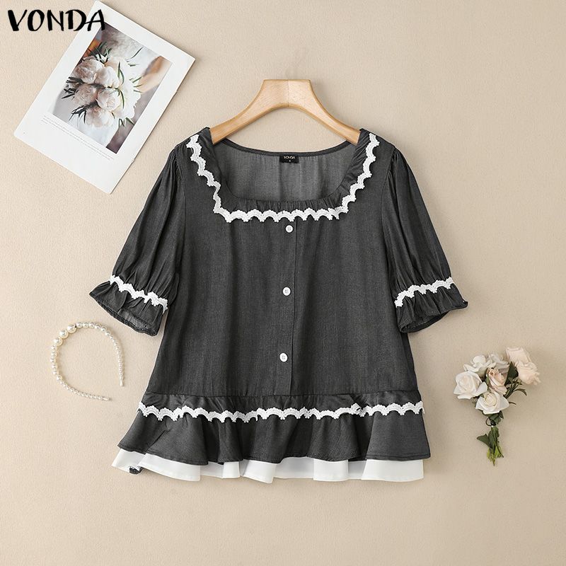 VONDA  Womens Casual Square Neck Lace Hem Short Sleeve Blouse