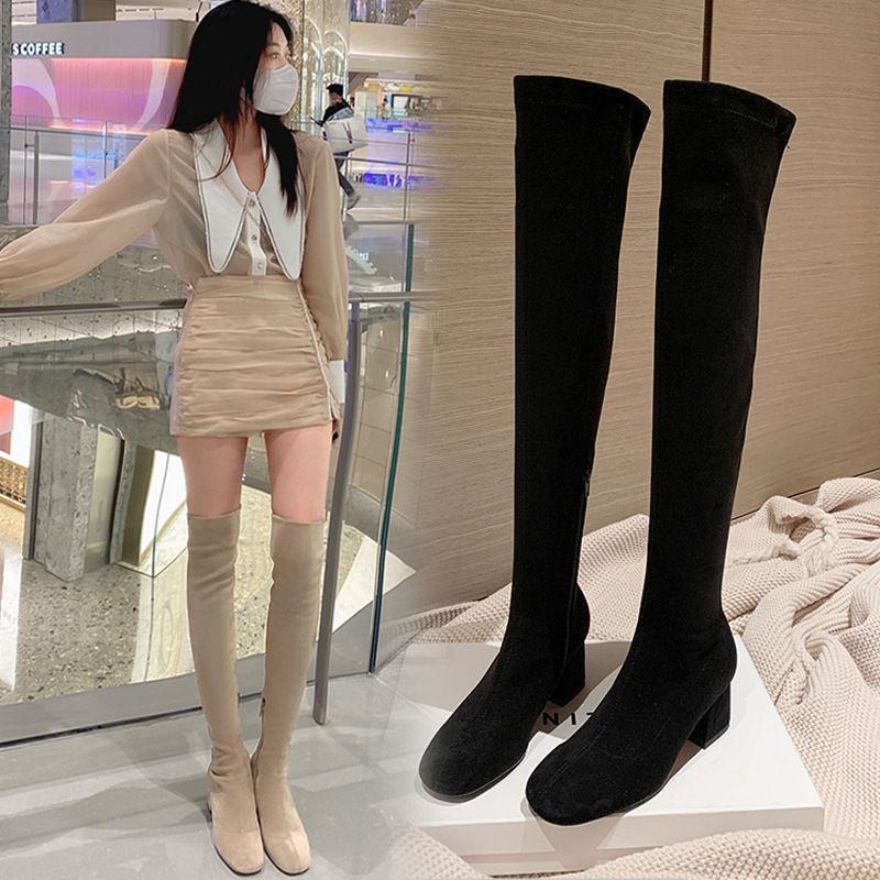 Knee Boots Women's High-heeled Boots Elastic Boots Long Boots Khaki Boots Suede Boots Autumn and Winter Velvet High Boots
