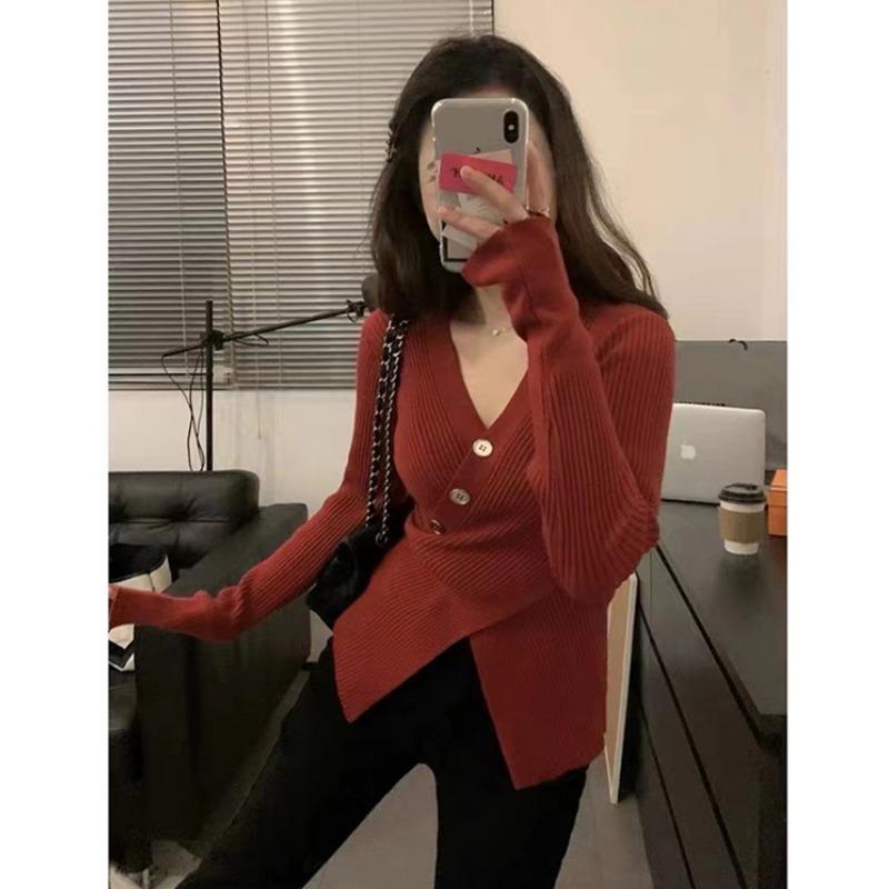 Maglioni a maniche lunghe con scollo a V, stampati in tinta unita, casual, autunno inverno, da donna