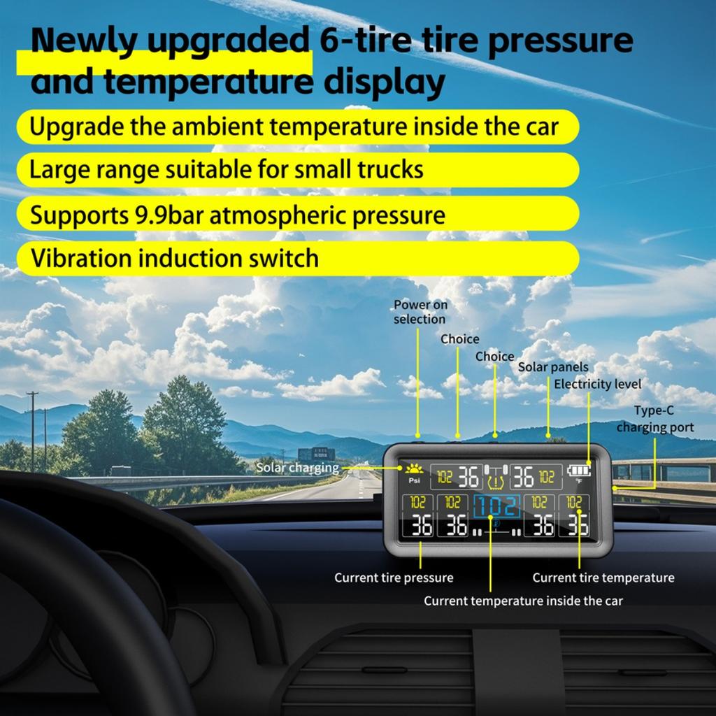 4/6 Externe Sensoren Solar TPMS Reifendruckalarm Wasserdicht Reifendruck Temperaturwarnung Digitales LCD-Display 0~9.9Bar LKW Wohnmobil