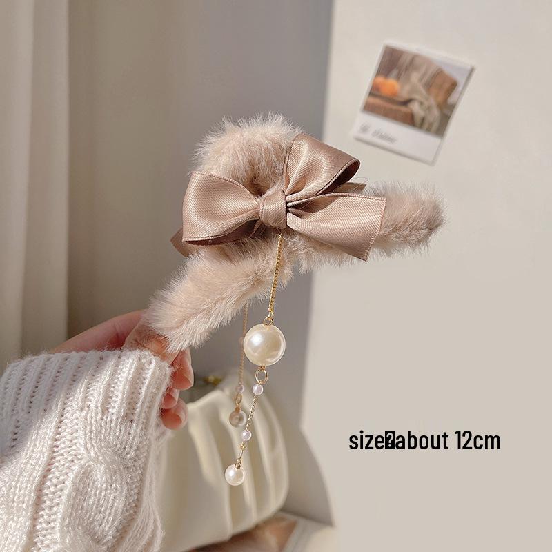 Korean Style Plush Bow Hair Clip with Tassel - Autumn/Winter Women's Hair Accessory